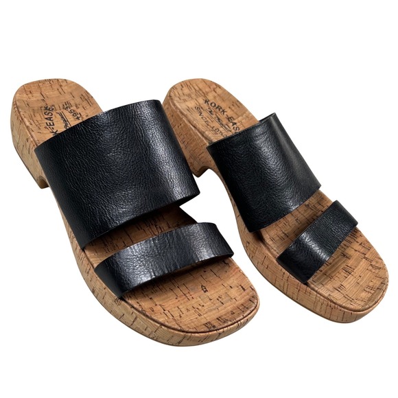 Kork-Ease Shoes - Kork-Ease Alia Slide Sandals Women 9 Black Leather Two-Strap Cork Platform Wedge